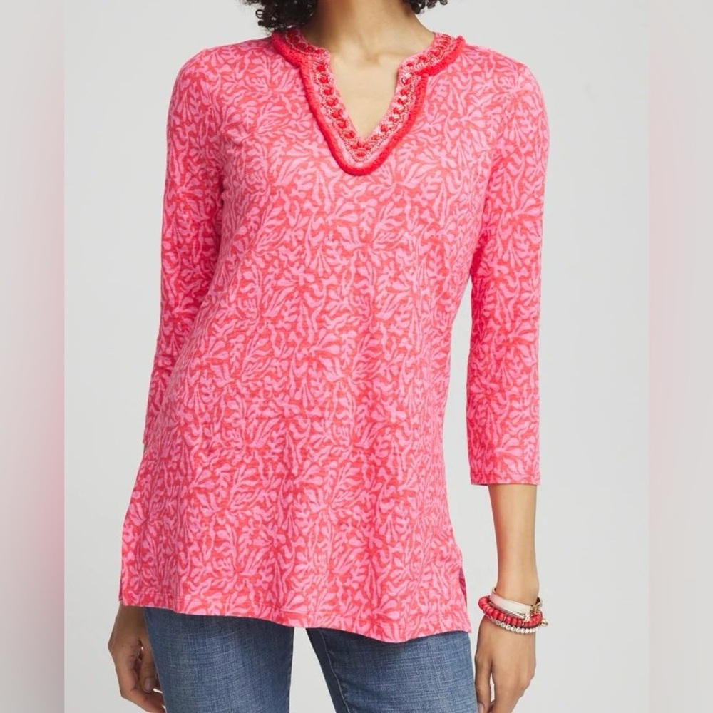 Chico's Red/pink Linen Reef Embellished V-neck Top 3/4 Sleeve Pullover Tunic L